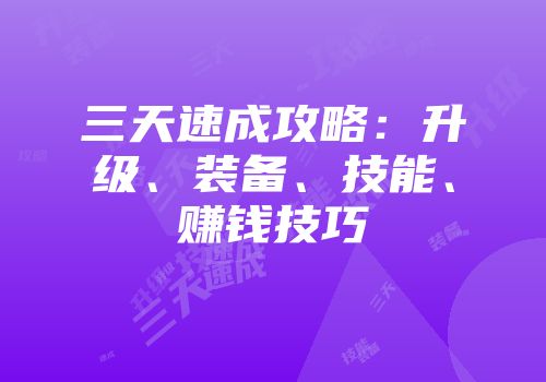 三天速成攻略：升级、装备、技能、赚钱技巧