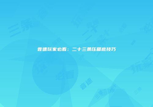 音速玩家必看：二十三条压箱底技巧